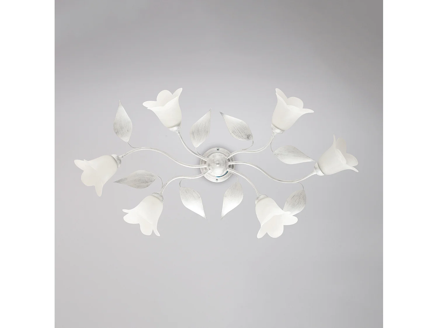 Plafonnier Olga fer blanc, déco argent antique, verre albâtre d.14, 6 lumières 70x52 cm déco sobre et chic