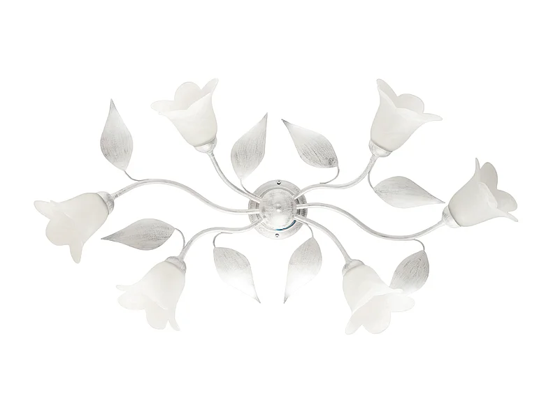 Plafonnier Olga fer blanc, déco argent antique, verre albâtre d.14, 6 lumières 70x52 cm déco sobre et chic