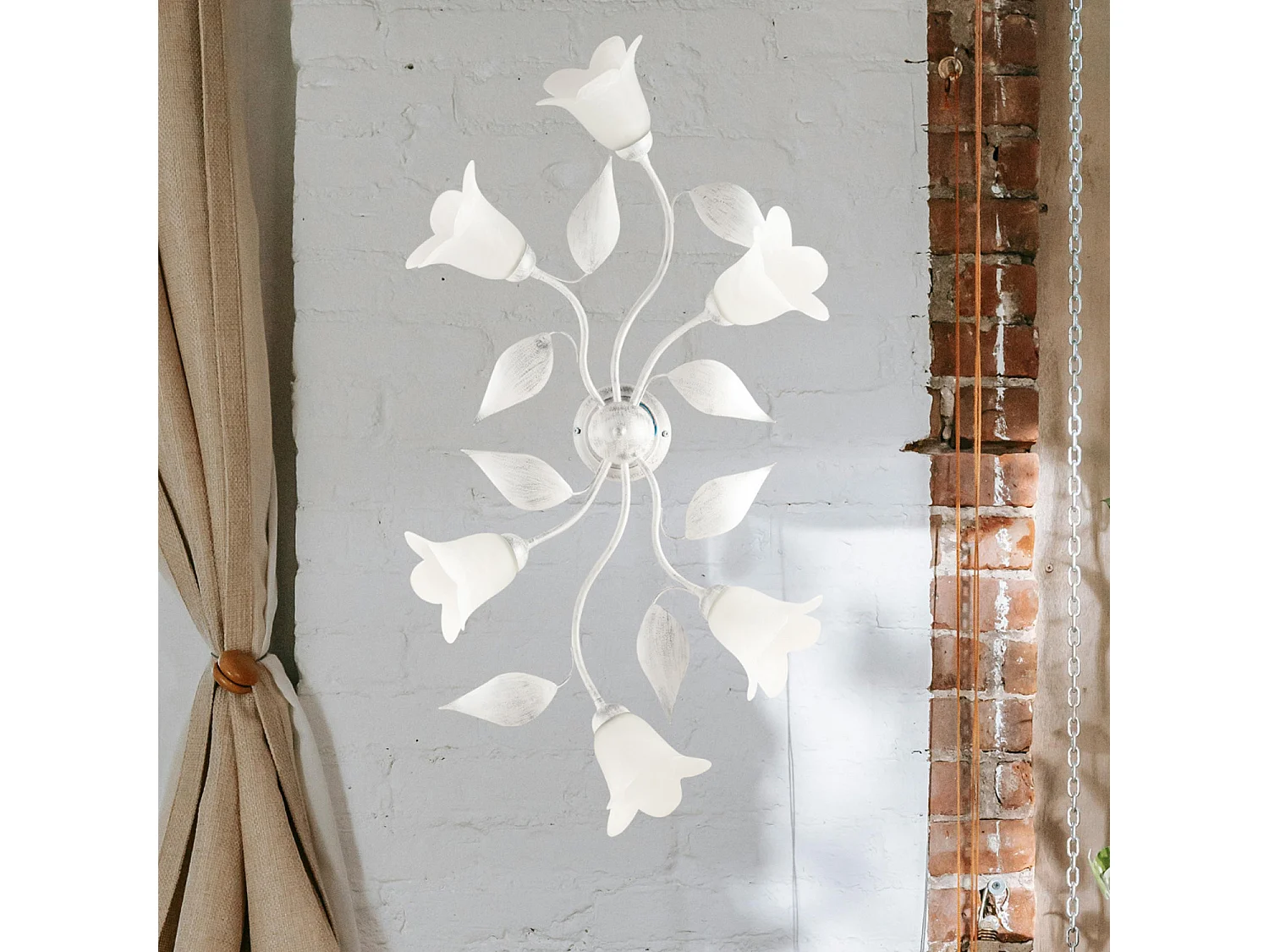 Plafonnier Olga fer blanc, déco argent antique, verre albâtre d.14, 6 lumières 70x52 cm déco sobre et chic