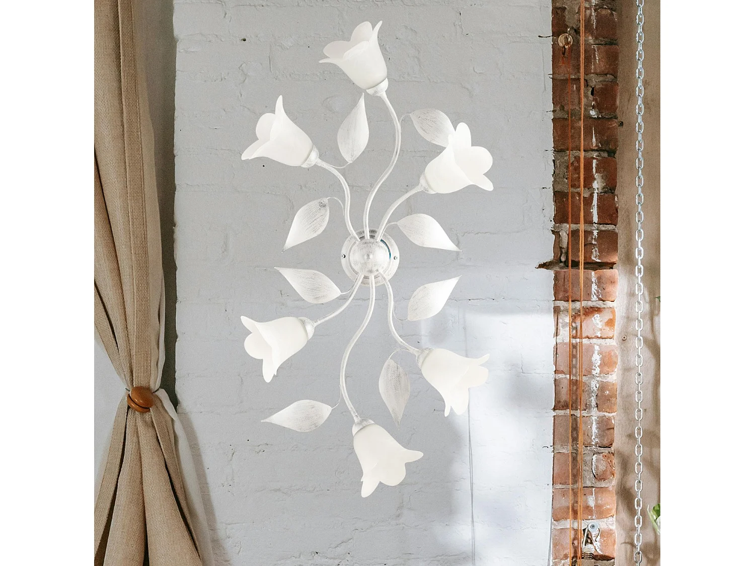 Plafonnier Olga fer blanc, déco argent antique, verre albâtre d.14, 6 lumières 70x52 cm déco sobre et chic