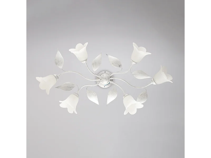 Plafonnier Olga fer blanc, déco argent antique, verre albâtre d.14, 6 lumières 70x52 cm déco sobre et chic