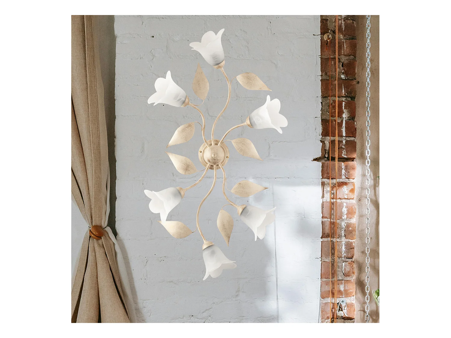 Olga - Plafon em ferro lacado marfim com decoração. difusores antigos em ouro e vidro d. 14 alabastro branco 6 luzes L. 70 X 52