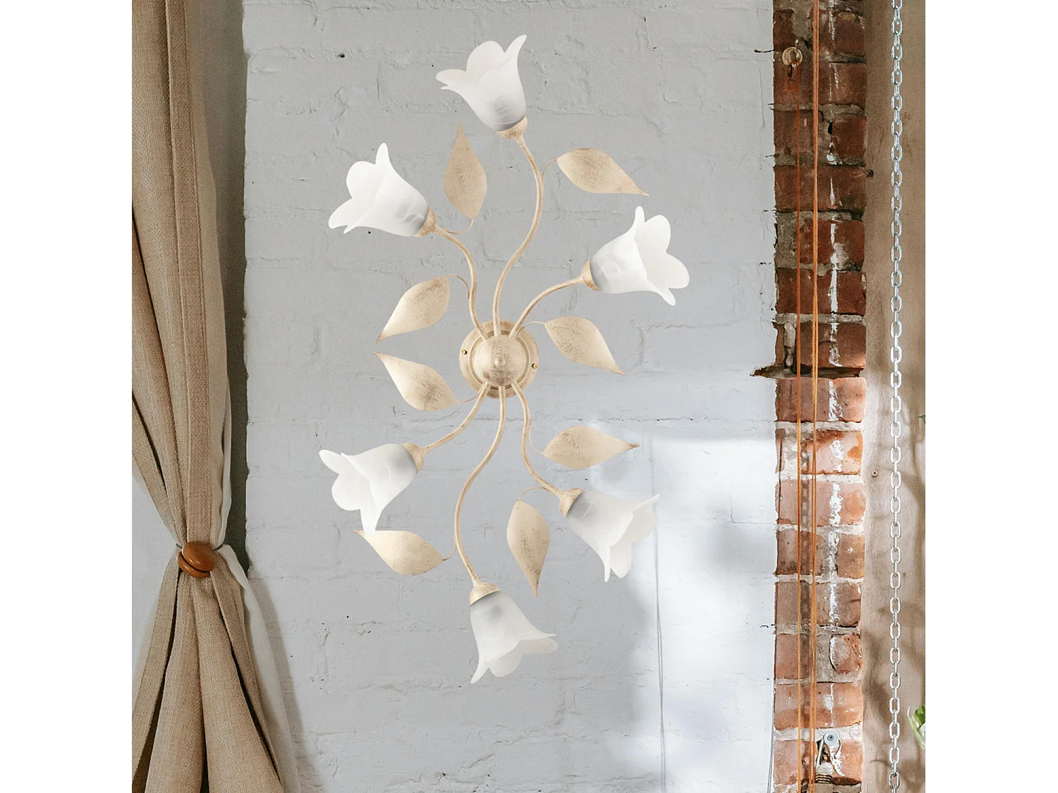 Plafonnier Olga fer ivoire, déco or antique, verre albâtre d.14, 6 lumières 70x52 cm design lumineux vintage