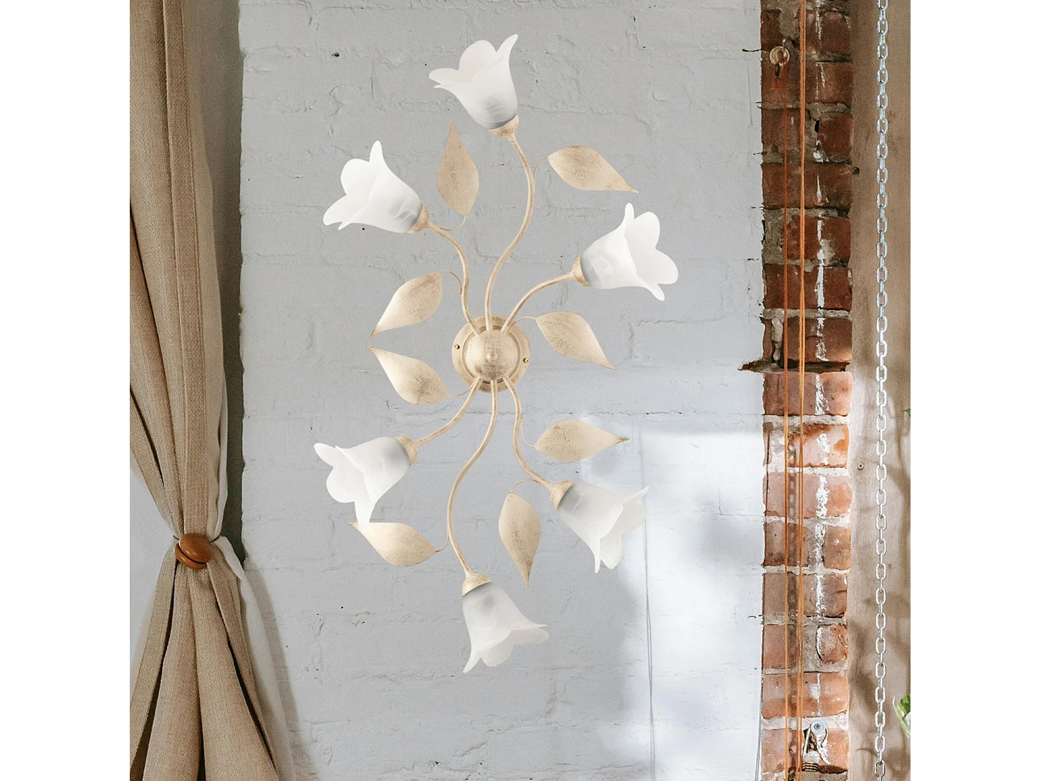Olga lampa sufitowa żelazo kość słoniowa złoto stare klosze szkło alabastr Ø14 cm 6 lamp dł 70x52 cm