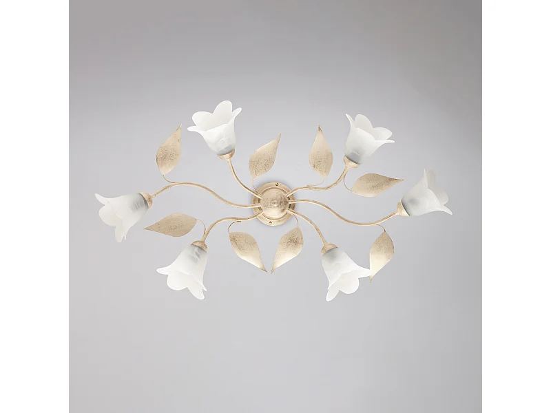 Olga - Plafon em ferro lacado marfim com decoração. difusores antigos em ouro e vidro d. 14 alabastro branco 6 luzes L. 70 X 52