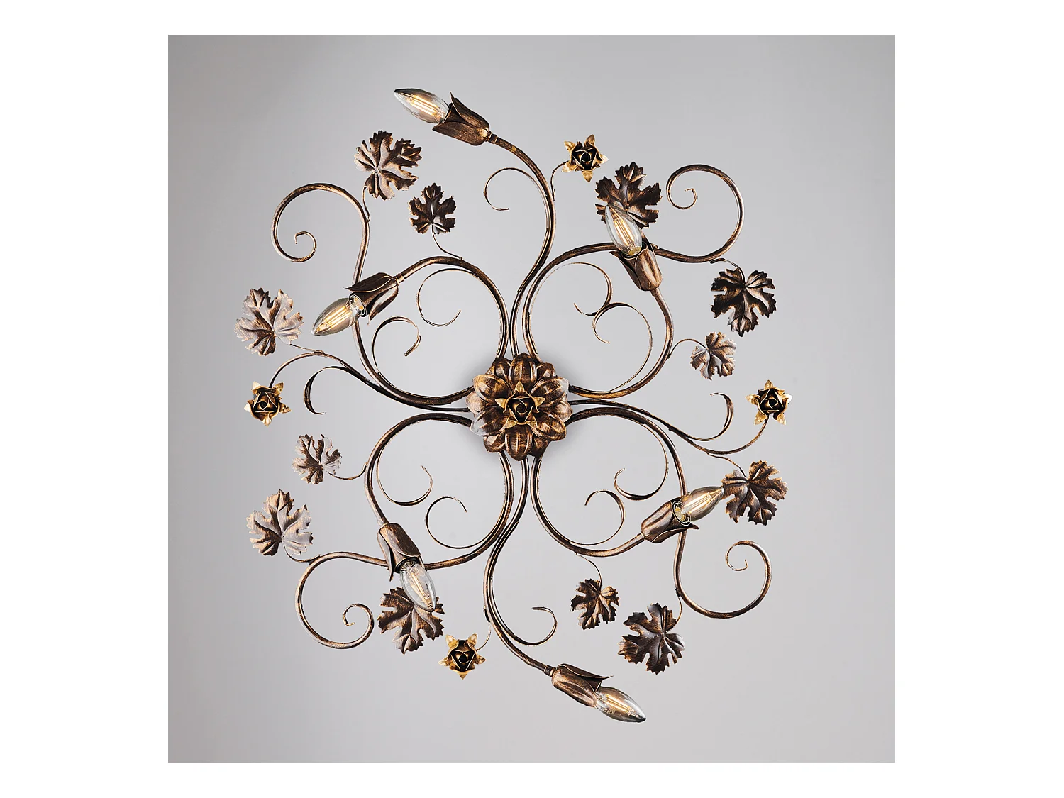 Iris Plafonnier en fer laqué marron décor or antique 6 lumières d.79 X 67 BL169-PL6-BR