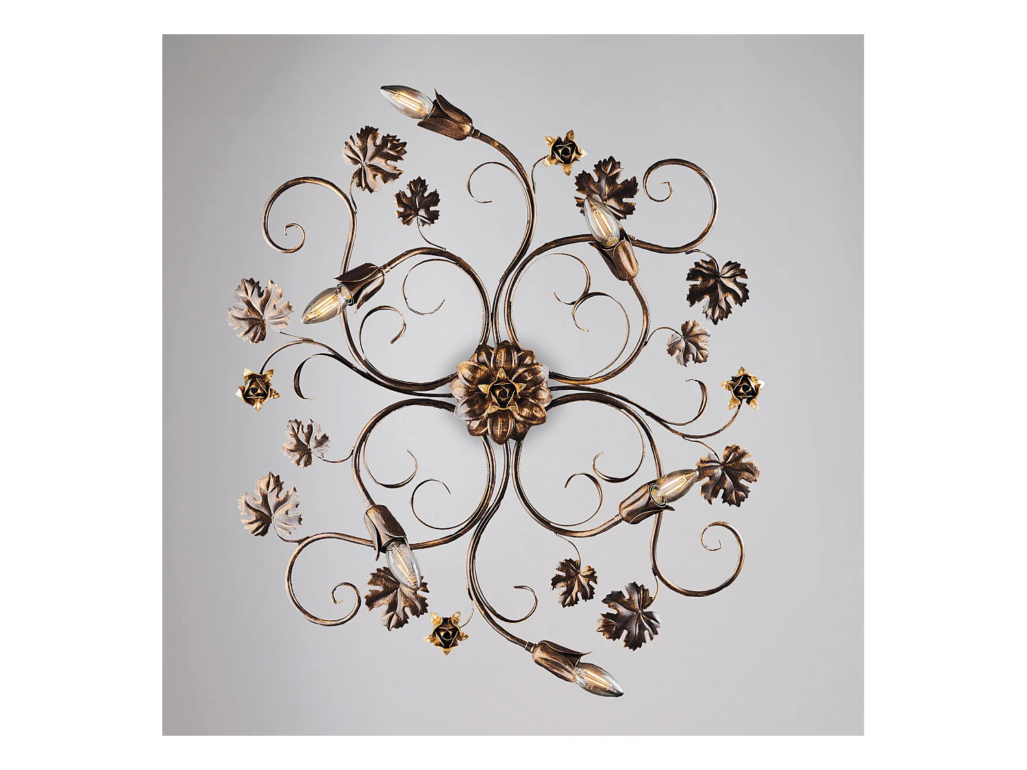 Iris Plafonnier en fer laqué marron décor or antique 6 lumières d.79 X 67 BL169-PL6-BR