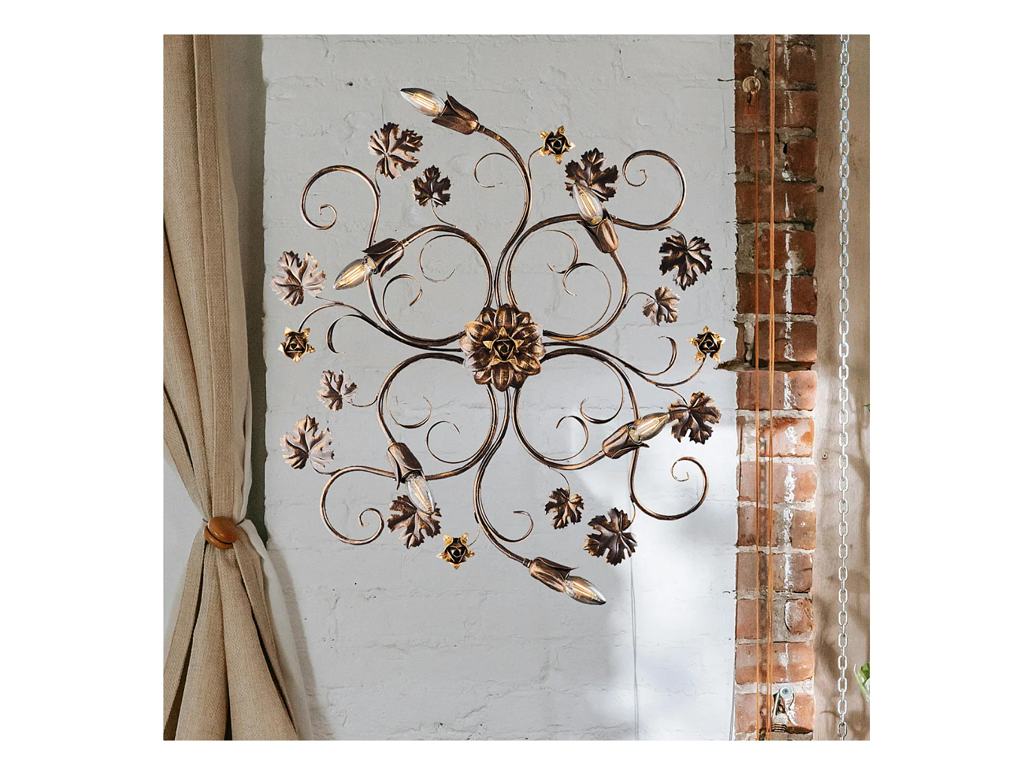 Iris Plafonnier en fer laqué marron décor or antique 6 lumières d.79 X 67 BL169-PL6-BR