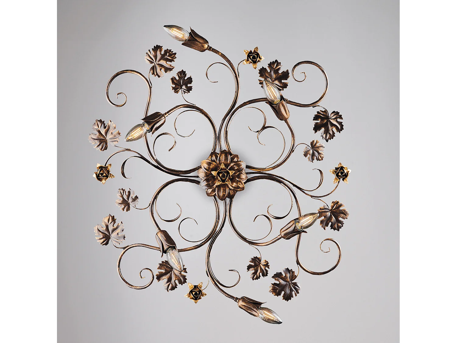 Iris - Loftlampe i brunlakeret jern med antik gulddekoration, 6 lys - Ø79 X 67 - BL169-PL6-BR