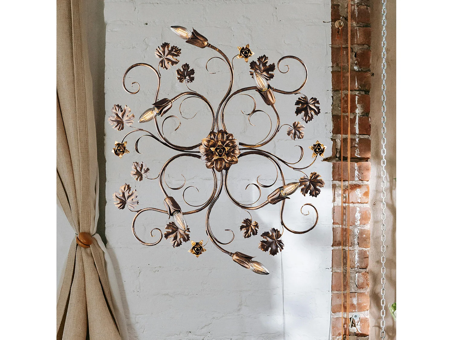 Iris - Loftlampe i brunlakeret jern med antik gulddekoration, 6 lys - Ø79 X 67 - BL169-PL6-BR