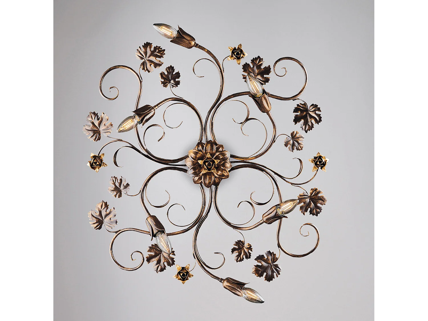 Iris - Loftlampe i brunlakeret jern med antik gulddekoration, 6 lys - Ø79 X 67 - BL169-PL6-BR