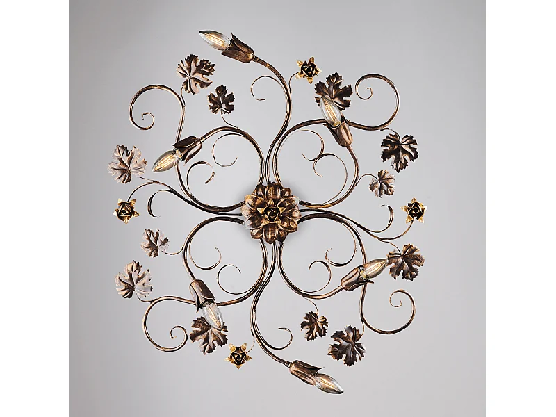 Iris - Deckenleuchte aus braun lackiertem Eisen mit antikem Golddekor, 6 Lichter - Ø79 x 67 - BL169-PL6-BR
