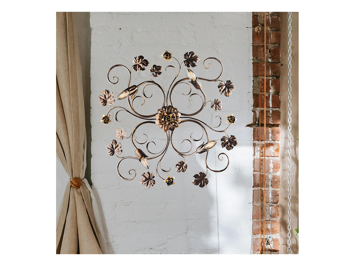 Iris Plafonnier en fer laqué marron décor or antique 4 lumières H.17 d.76 BL169-PL4-BR