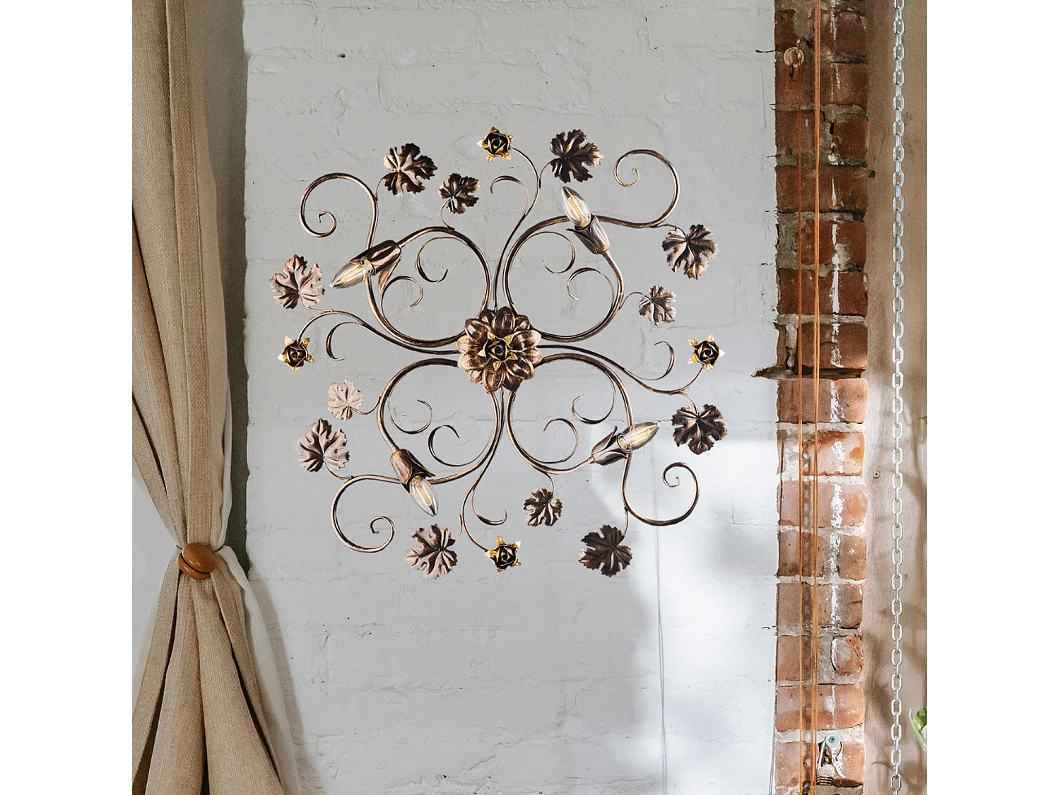 Iris - Loftlampe i brunlakeret jern med antik gulddekoration, 4 lys, H.17 - Ø76 - BL169-PL4-BR
