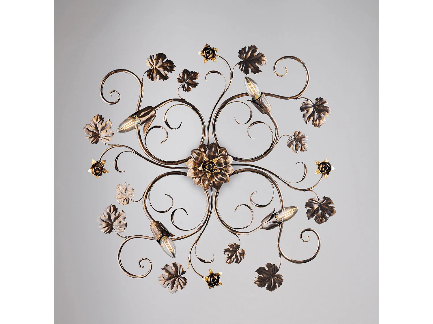 Iris - Loftlampe i brunlakeret jern med antik gulddekoration, 4 lys, H.17 - Ø76 - BL169-PL4-BR