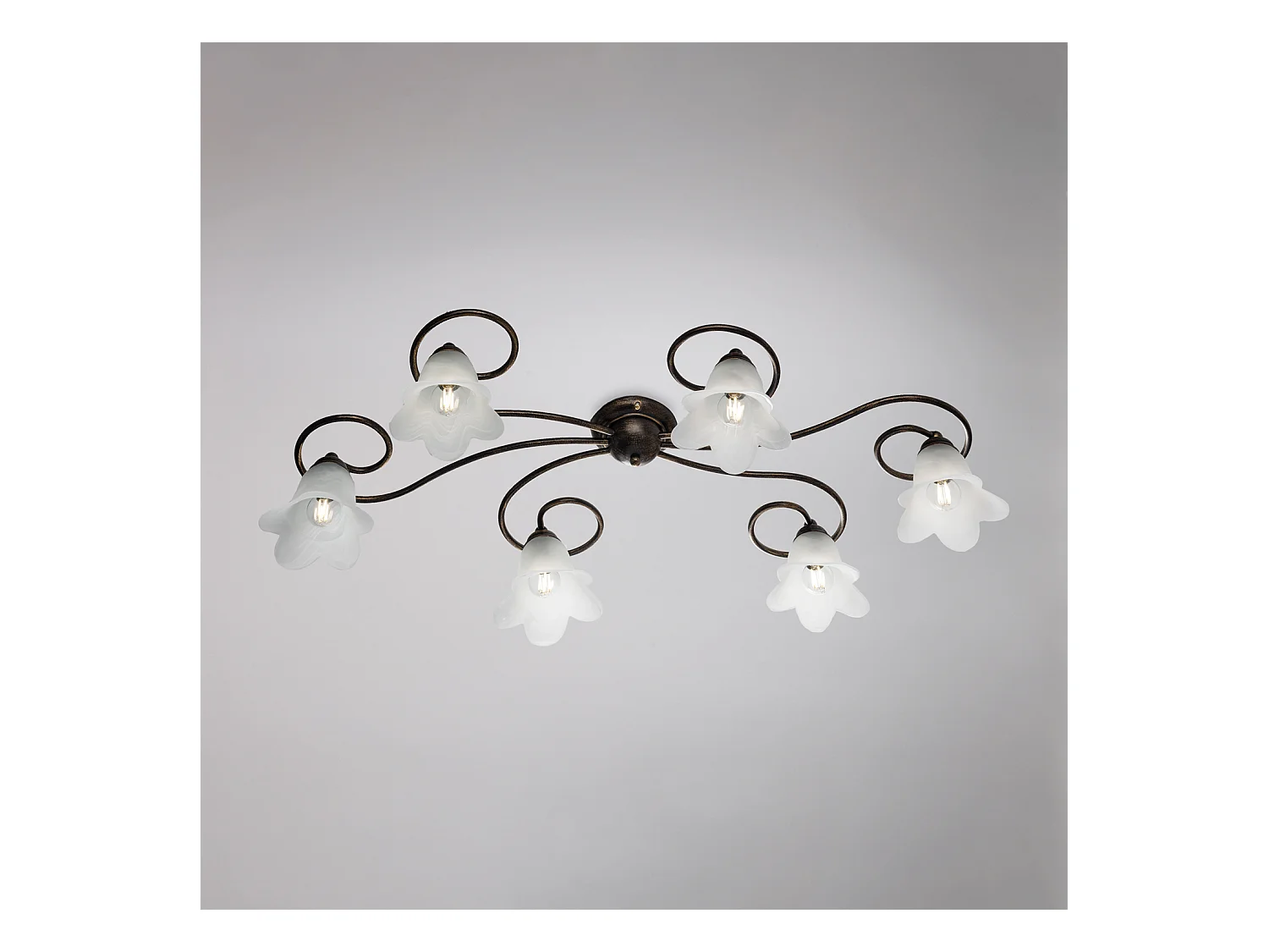 Plafonnier Alice fer marron, déco or antique, verre albâtre d.14, 6 lumières 99x50 cm, finition chaleureuse