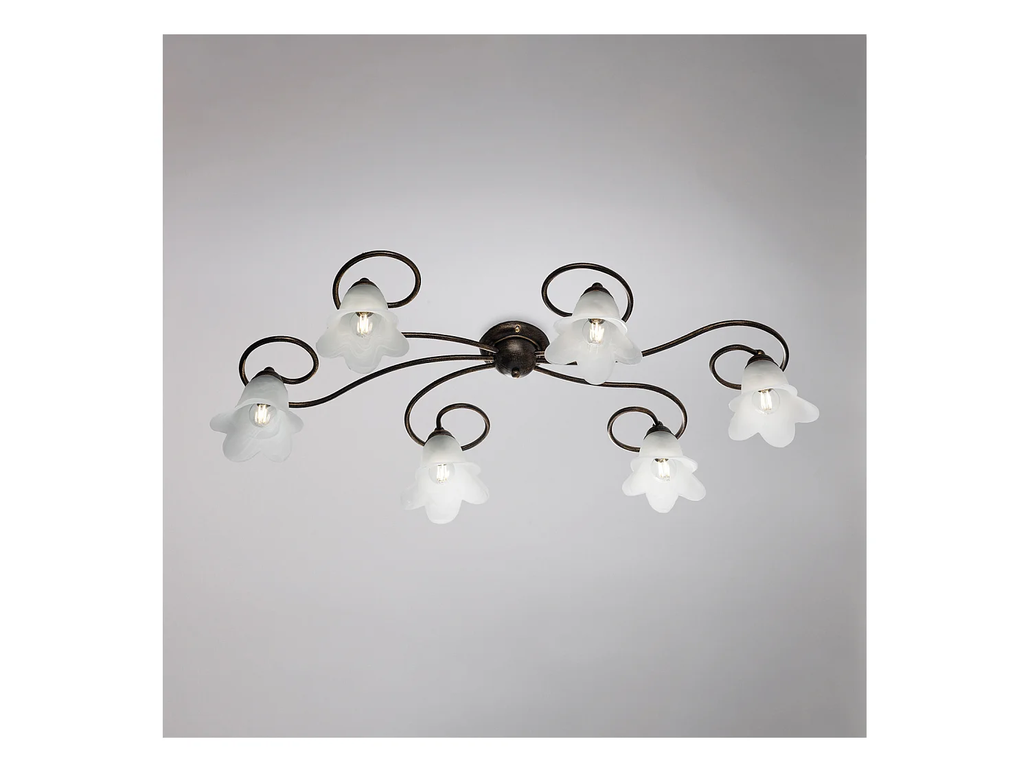 Plafonnier Alice fer marron, déco or antique, verre albâtre d.14, 6 lumières 99x50 cm, finition chaleureuse