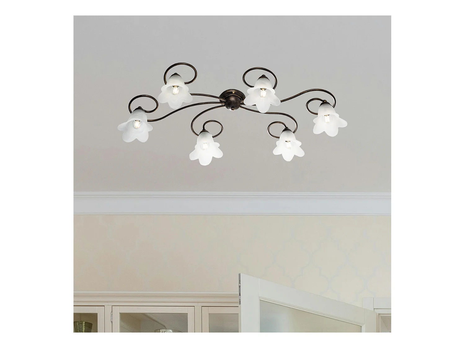 Plafonnier Alice fer marron, déco or antique, verre albâtre d.14, 6 lumières 99x50 cm, finition chaleureuse