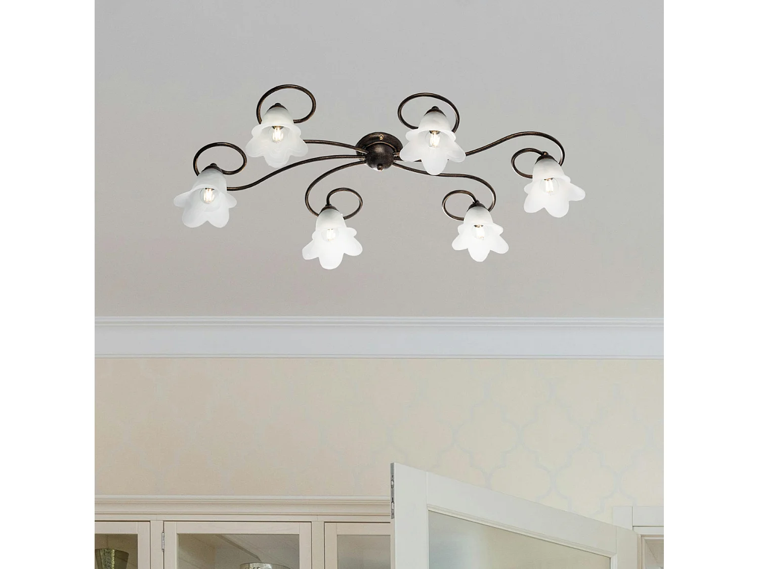 Belight -  Alice - Deckenleuchte braun, Antikgold, Alabasterglas Ø14, 6-flammig, L99x50 - BL230-PL6-BR