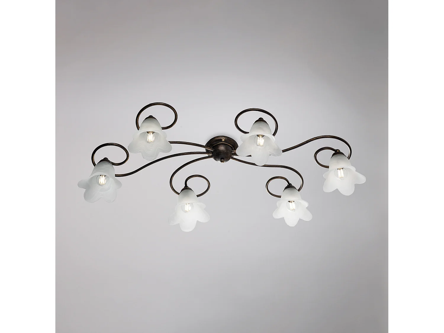 Plafonnier Alice fer marron, déco or antique, verre albâtre d.14, 6 lumières 99x50 cm, finition chaleureuse