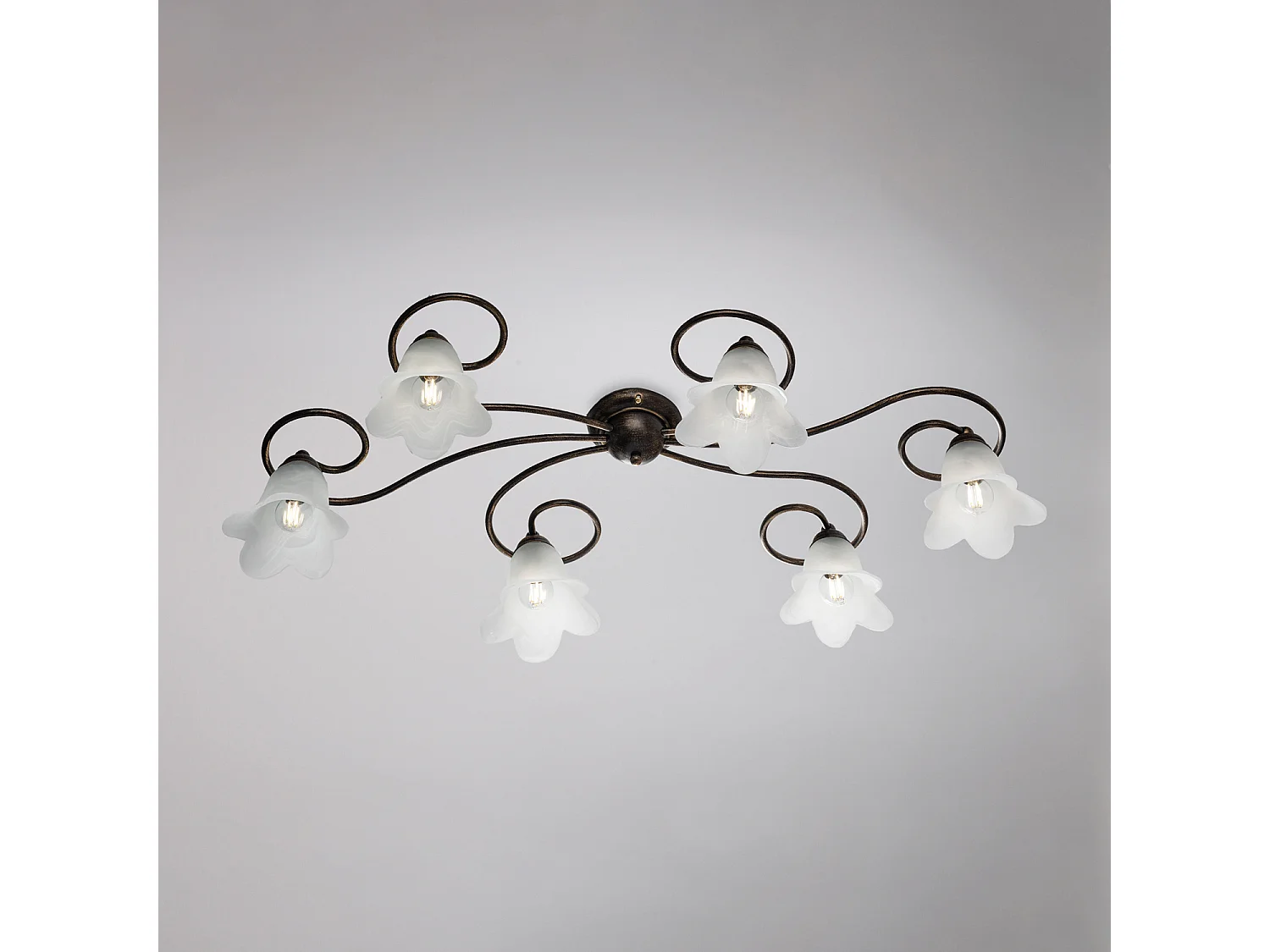 Plafonnier Alice fer marron, déco or antique, verre albâtre d.14, 6 lumières 99x50 cm, finition chaleureuse