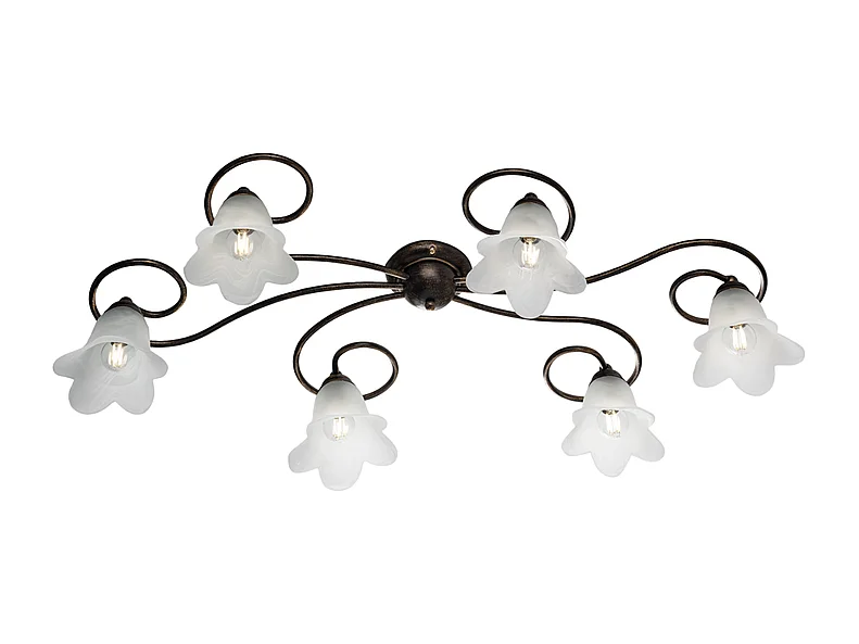 Plafonnier Alice fer marron, déco or antique, verre albâtre d.14, 6 lumières 99x50 cm, finition chaleureuse