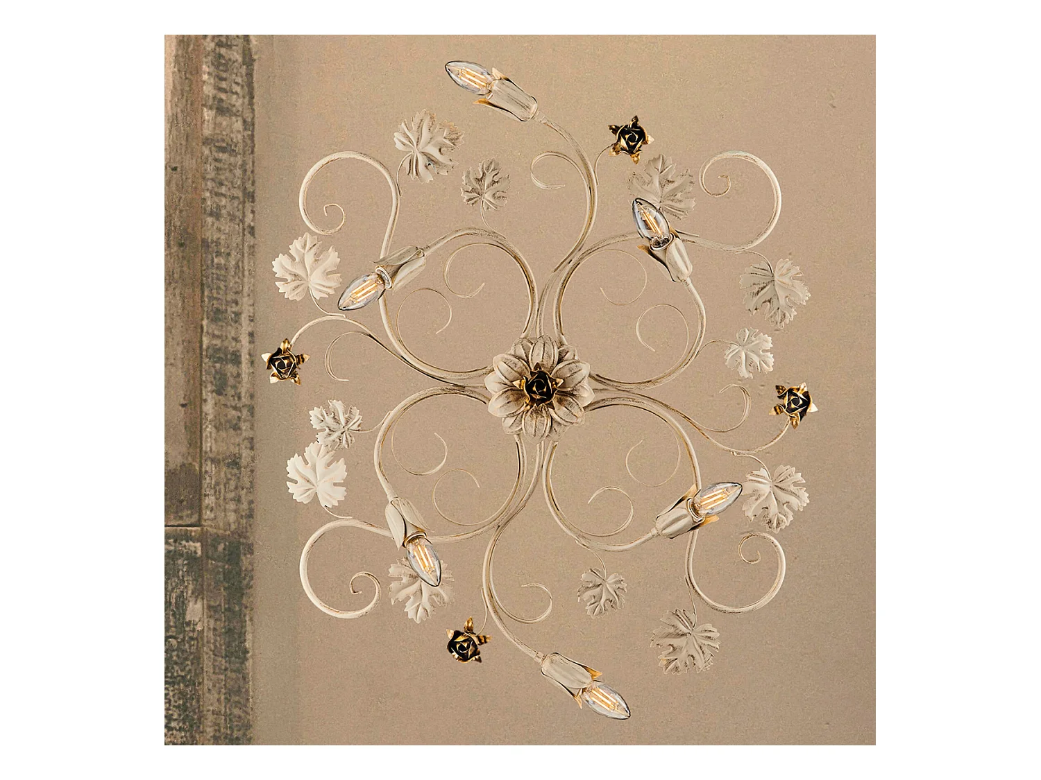 Iris - Lámpara de techo en hierro lacado marfil con decoración. Lámpara de techo dorada antigua de 6 luces - Ø79 x 67 - BL169-PL6-AV