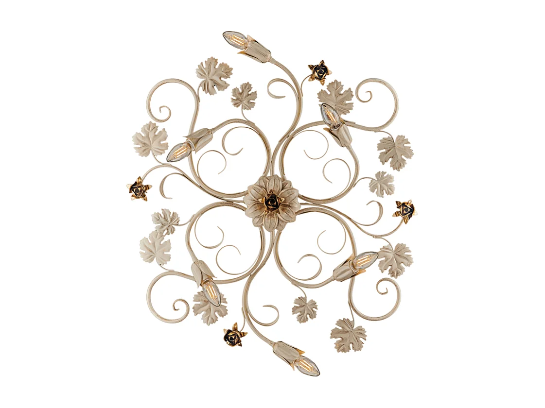 Iris - Lámpara de techo en hierro lacado marfil con decoración. Lámpara de techo dorada antigua de 6 luces - Ø79 x 67 - BL169-PL6-AV
