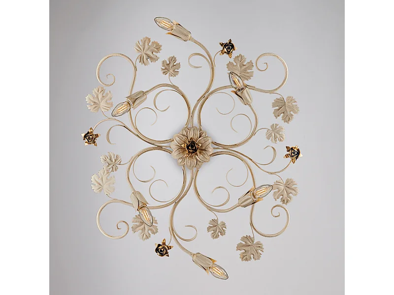 Iris - Lámpara de techo en hierro lacado marfil con decoración. Lámpara de techo dorada antigua de 6 luces - Ø79 x 67 - BL169-PL6-AV