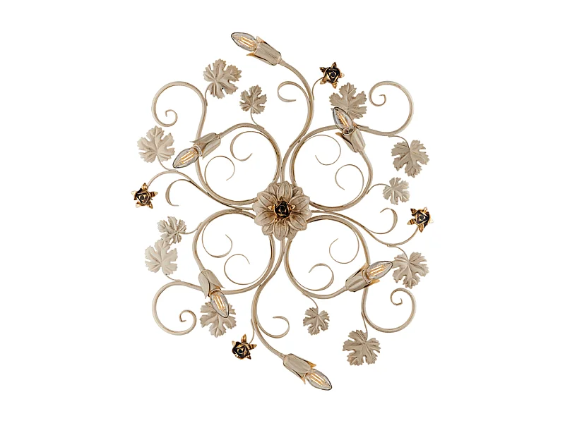 Iris - Lámpara de techo en hierro lacado marfil con decoración. Lámpara de techo dorada antigua de 6 luces - Ø79 x 67 - BL169-PL6-AV