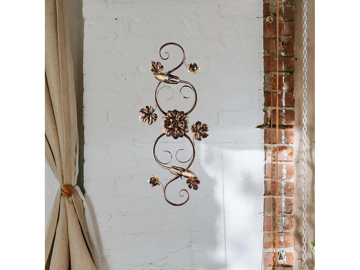 Iris - Loftlampe i brunlakeret jern med antik gulddekoration, 2 lys - Ø74 X 37 - BL169-PL2-BR