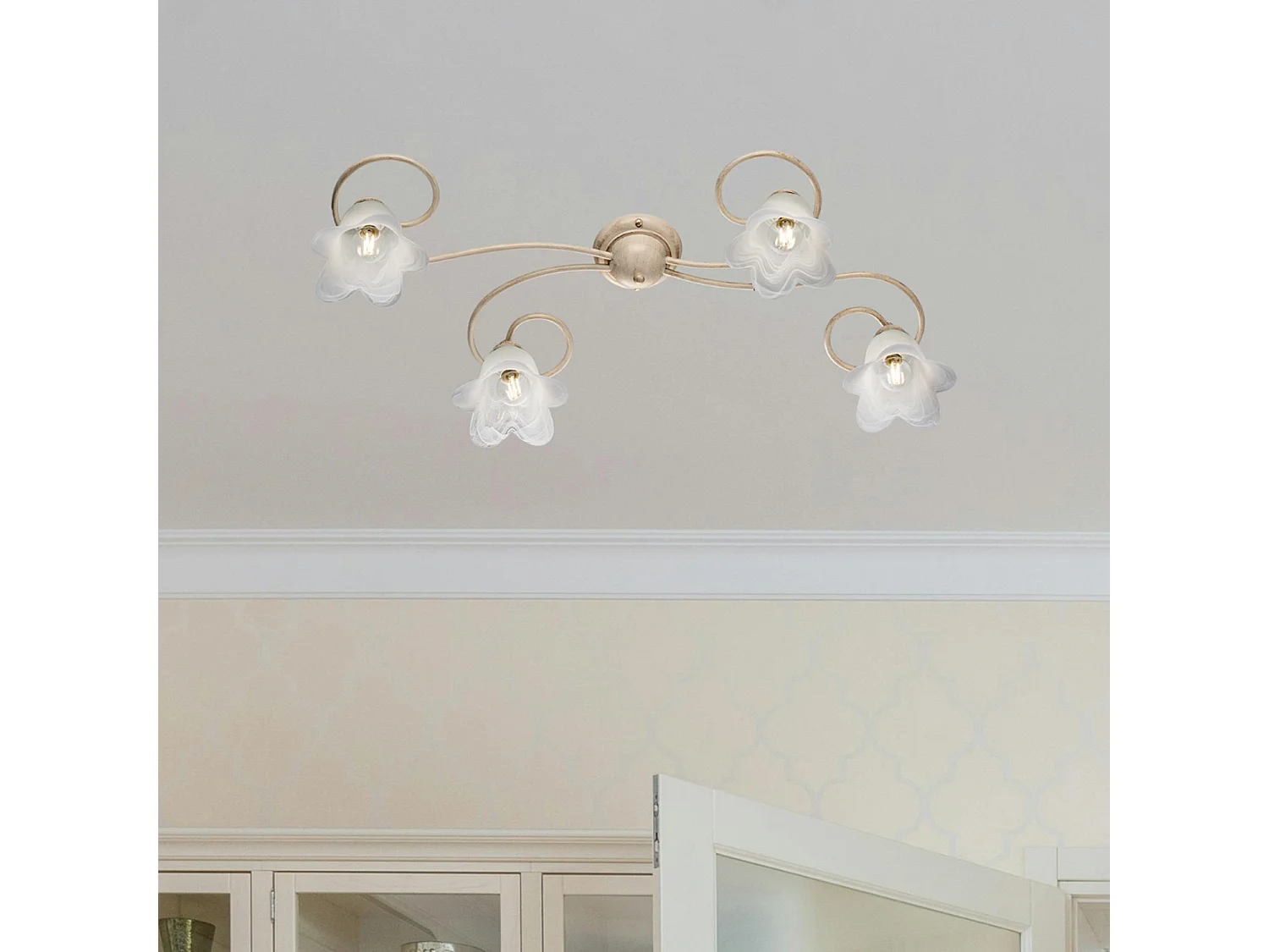 Plafonnier Alice ivoire, déco or antique, verre albâtre d.14, 4 lumières 87x40 cm, idéal entrée ou couloir