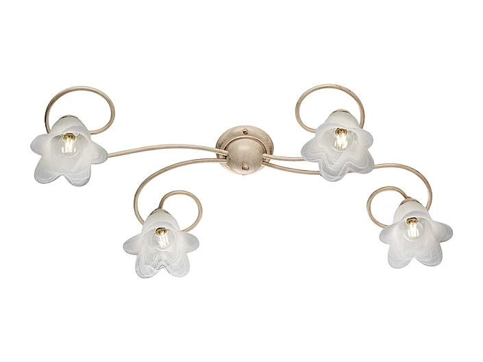 Lámpara de techo Alice en hierro lacado marfil con decoración. Difusores de oro antiguo y cristal d. 14 alabastro blanco 4 luces L. 87 X 40