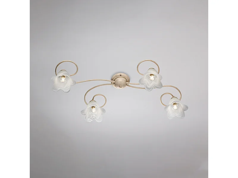 Plafon Alice em ferro marfim com deco difusores antigos em ouro e vidro d. 14 alabastro branco 4 luzes L. 87 X 40