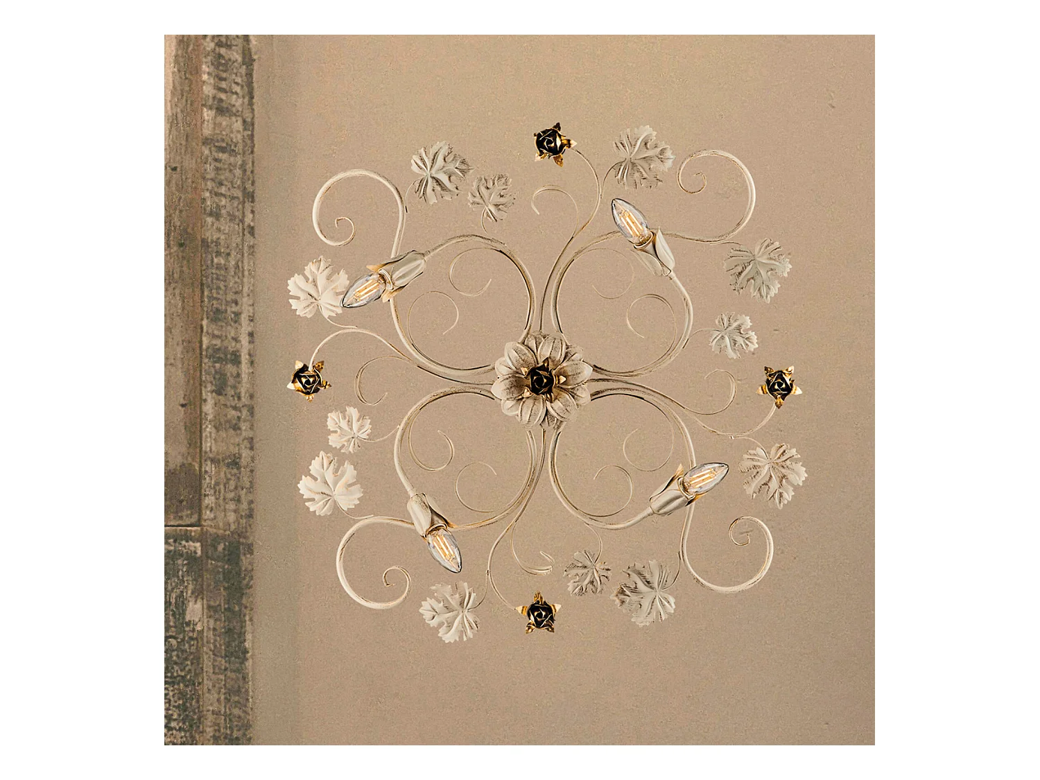 Iris - Plafon em ferro lacado marfim com deco ouro antigo 4 luzes H.17 - Ø76 - BL169-PL4-AV
