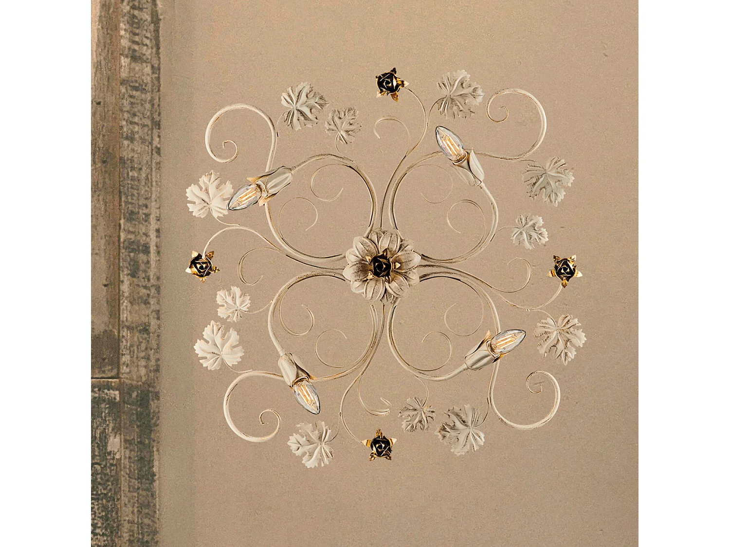 Iris - Candeeiro de teto em ferro lacado marfim com decoração em ouro antigo, 4 luzes, H.17 - Ø76 - BL169-PL4-AV