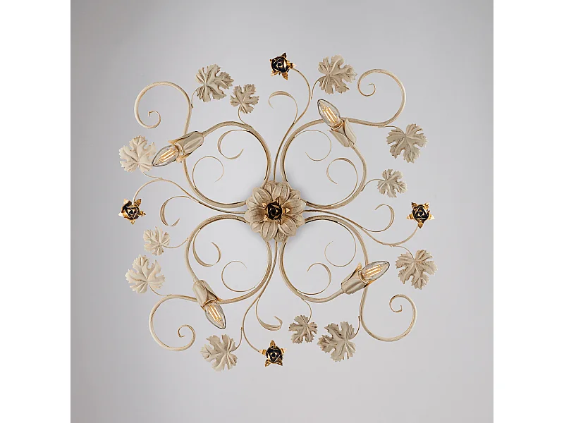 Iris - Plafon em ferro lacado marfim com deco ouro antigo 4 luzes H.17 - Ø76 - BL169-PL4-AV