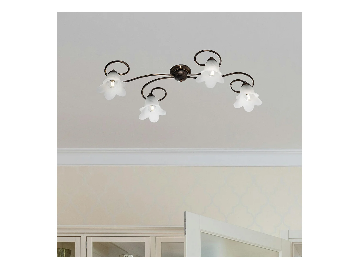 Plafonnier Alice fer marron, déco or antique, verre albâtre d.14, 4 lumières 87x40 cm, design compact