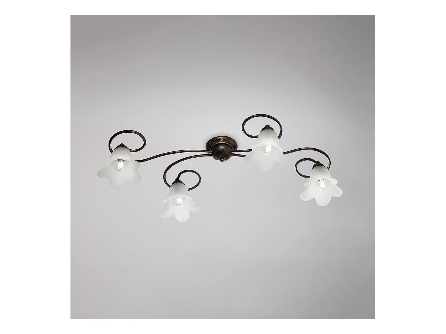 Plafonnier Alice fer marron, déco or antique, verre albâtre d.14, 4 lumières 87x40 cm, design compact