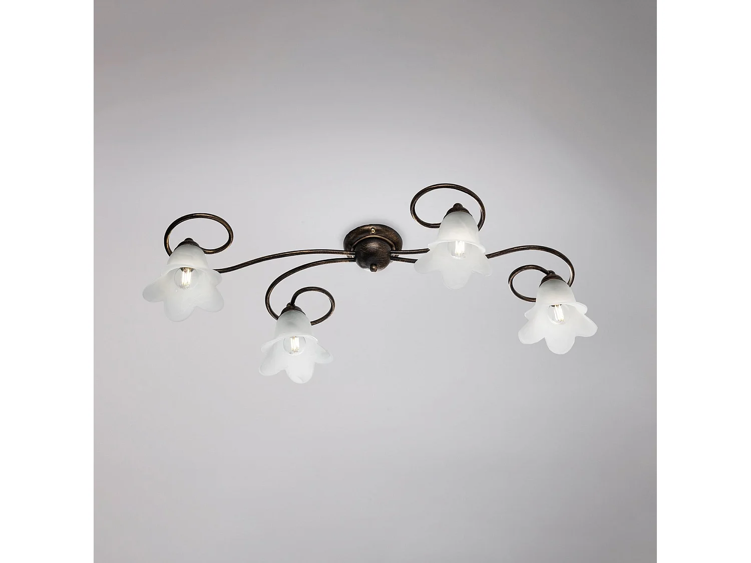 Plafonnier Alice fer marron, déco or antique, verre albâtre d.14, 4 lumières 87x40 cm, design compact