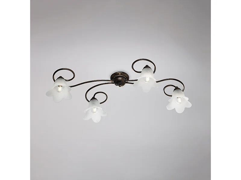 Plafonnier Alice fer marron, déco or antique, verre albâtre d.14, 4 lumières 87x40 cm, design compact