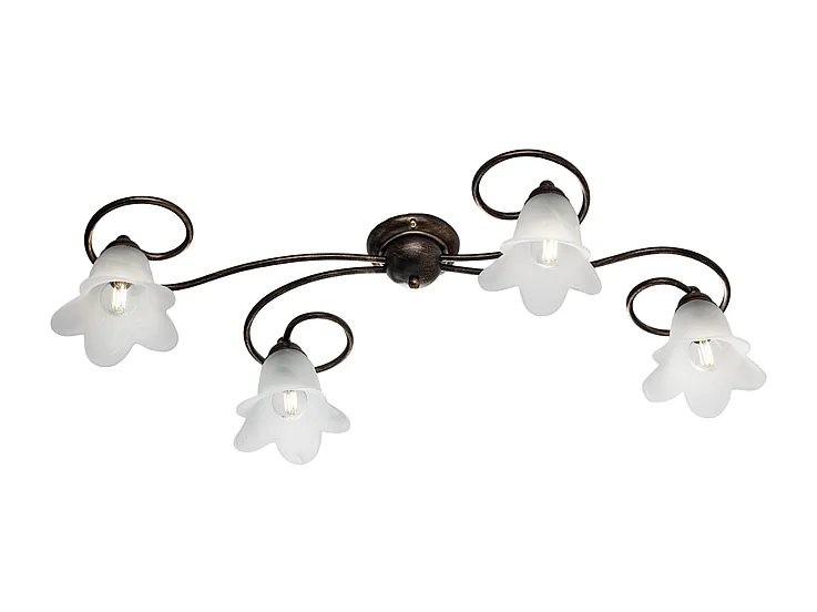 Alice Plafoniera in ferro laccato marrone con decoraz. oro antico e diffusori in vetro d. 14 alabastro bianchi 4 luci L. 87 X 40