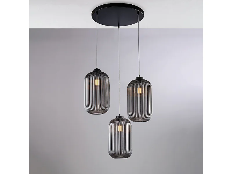 Suspension Ankara fer noir, câble orientable, verre soufflé miroir gris rayé, 3 lumières, style moderne industriel