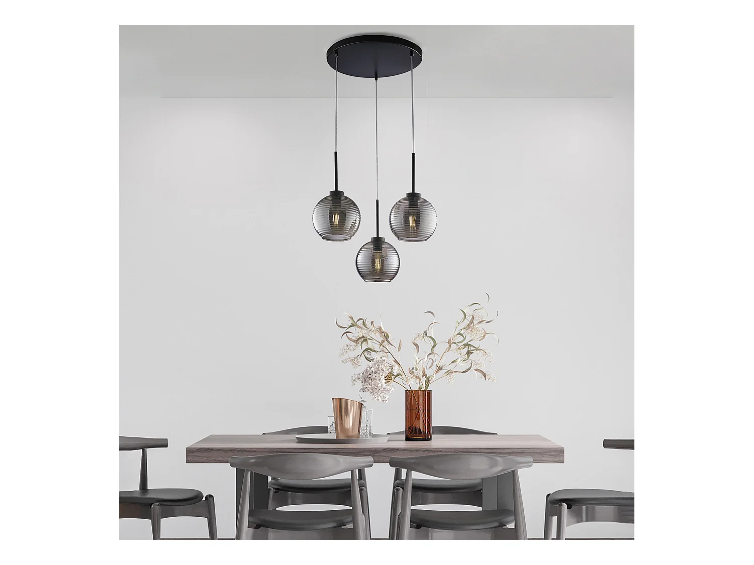 Lámpara colgante Ankara negra con cristal espejo gris rayado y cables orientables, 3 luces