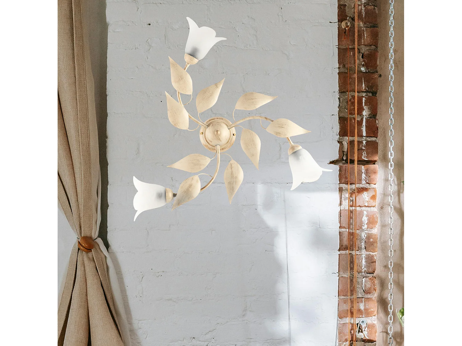 Plafonnier Olga fer ivoire, déco or antique, verre albâtre d.14, 3 lumières d.67 cm idéal pour salon cosy