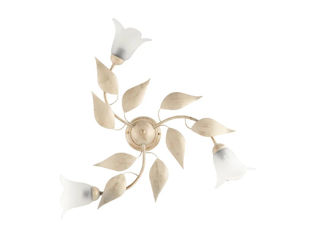 Olga - Plafon em ferro lacado marfim com decoração. difusores antigos em ouro e vidro d. 14 alabastro branco 3 luzes H.20 - Ø67