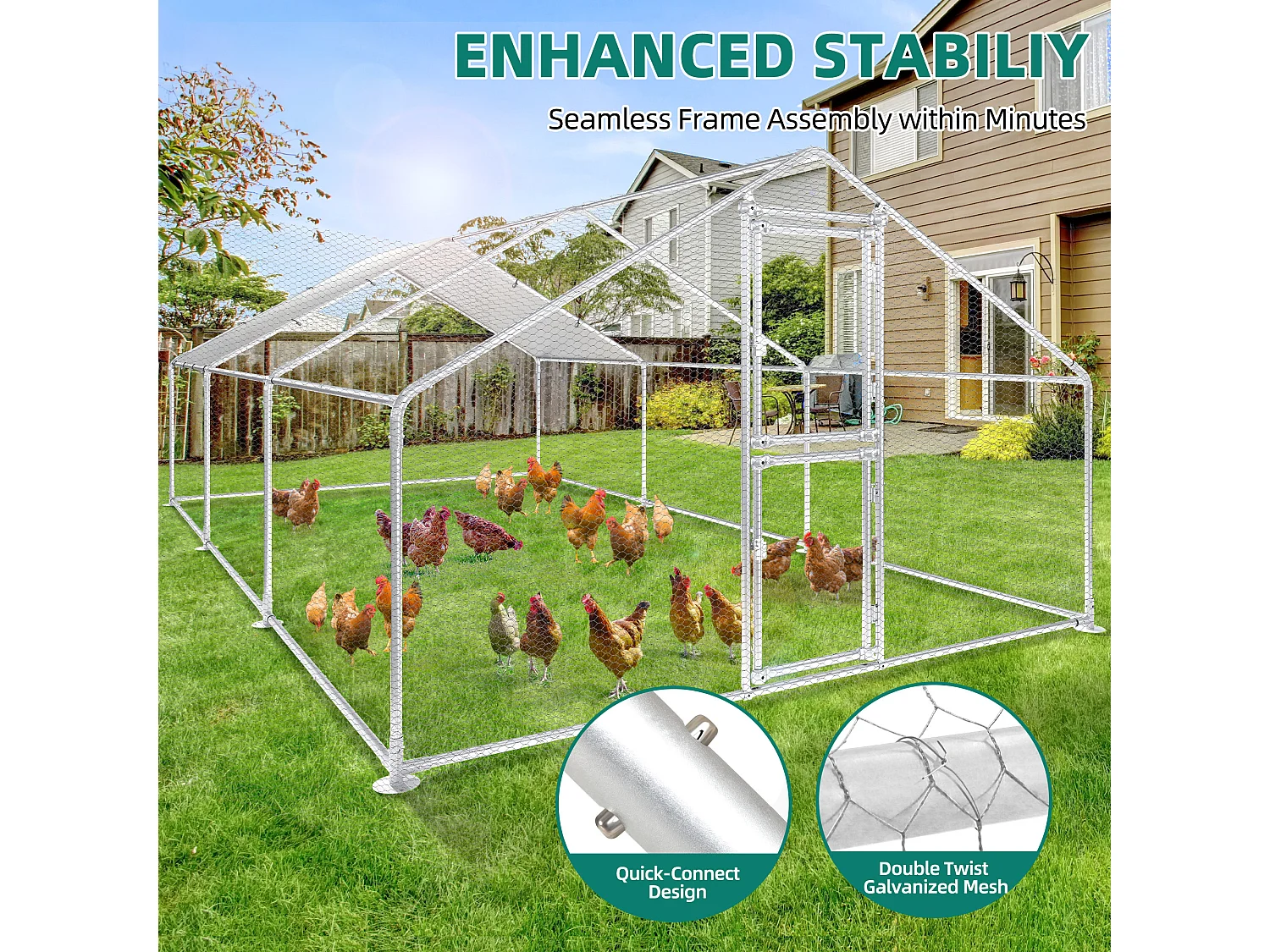 YITAHOME Enclos Poulailler - 18 m² - Enclos Poule Parc grillagé - Acier galvanisé