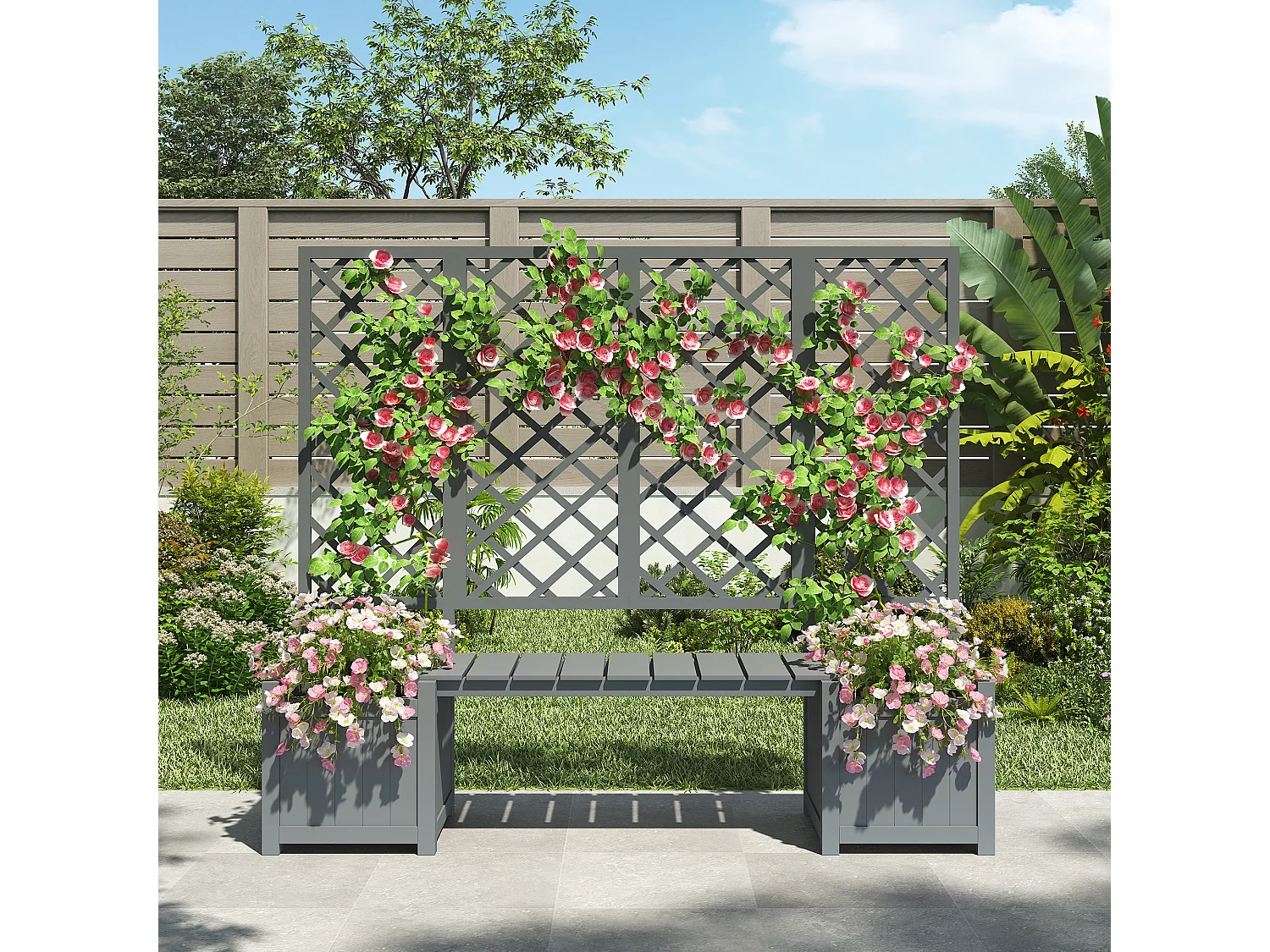 Bloempot, plantenbak met trellis als klimhulp, bloempot, bloembak plantenbak, plantenbak met trellis en zitje, Vert