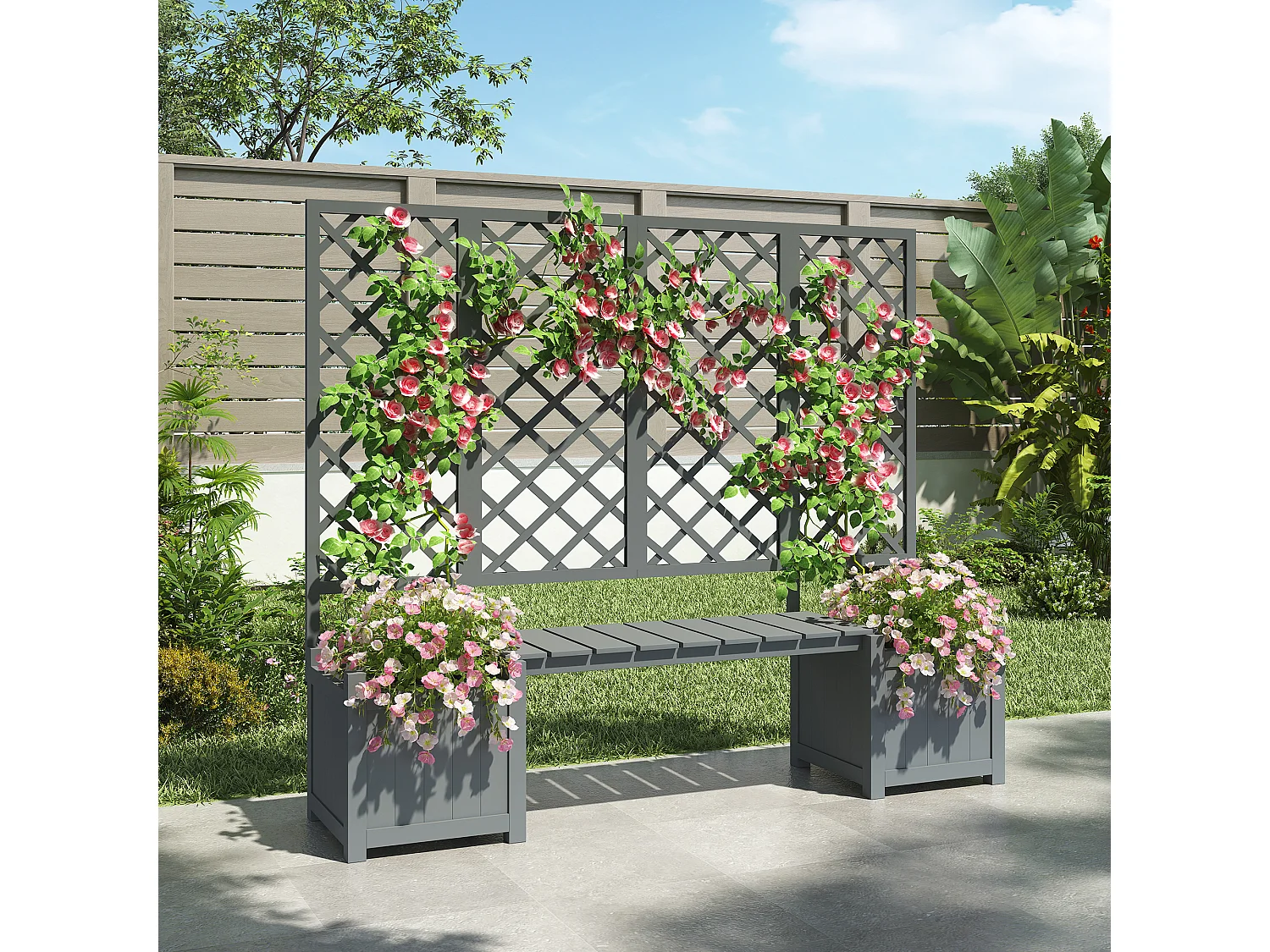 Bloempot, plantenbak met trellis als klimhulp, bloempot, bloembak plantenbak, plantenbak met trellis en zitje, Vert