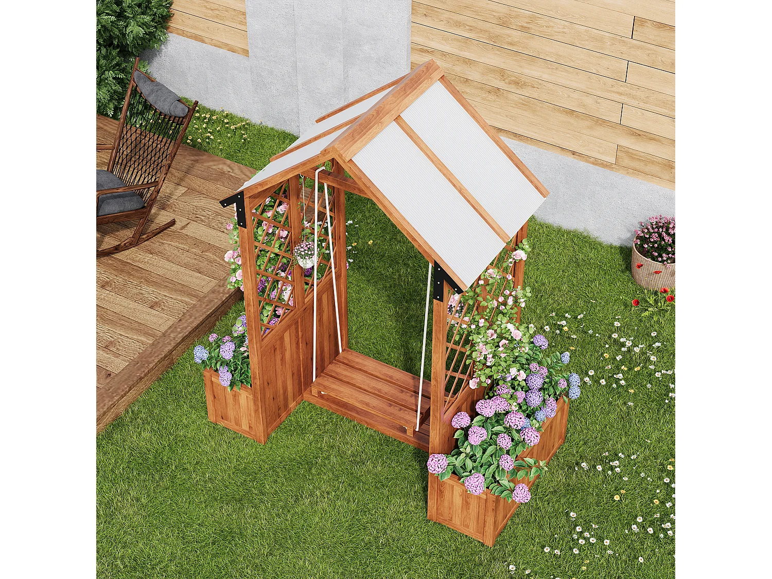 Bloempot, buitenschommel, plantenbak met trellis, met polycarbonaat schuifdak. Bloembak plantenbak, bruin massief hout